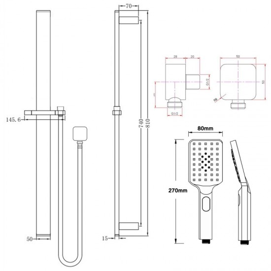 Square Chrome Sliding Shower Rail with Handheld Shower Wall Connector Set